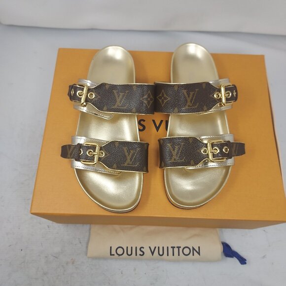 Louis Vuitton Brown Gold Buckle Bom Dia Monogram Flat Slide Sandals - Picture 1 of 16